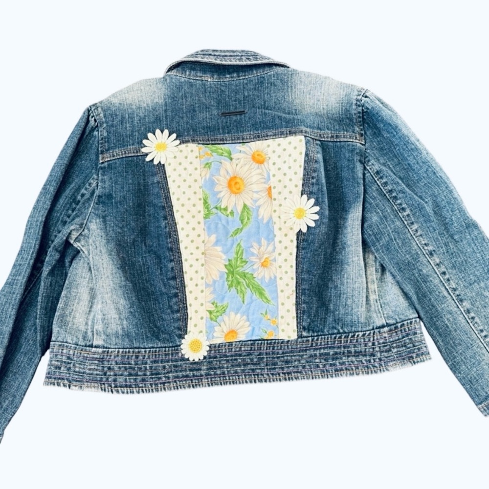 Custom DKNY Blue Denim Crop Jacket Daisy & Polka Dot Motif Quilted